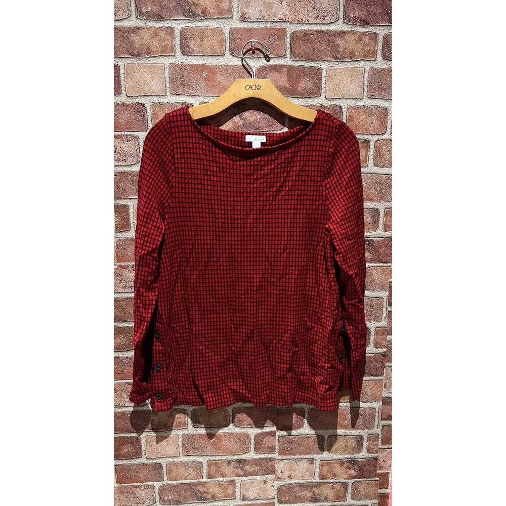 Women's Casual Long Sleeve Red &Black Boat Neck Square Pattern Shirt Size L